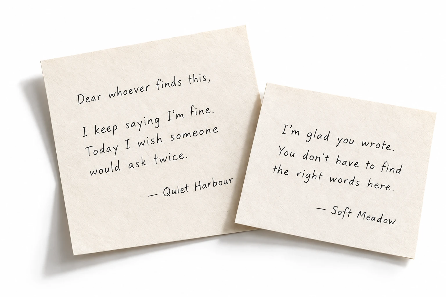 An example letter from Quiet Harbour: ‘Dear whoever finds this, I keep saying I’m fine. Today I wish someone would ask twice.’ Soft Meadow replies: ‘I’m glad you wrote. You don’t have to find the right words here.’
