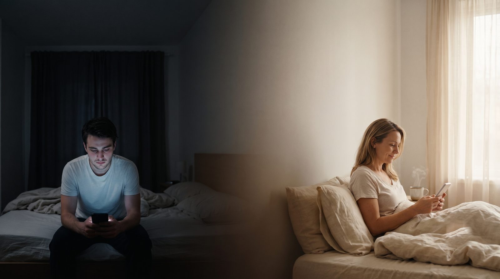 One bedroom at two hours: on the left a young man sits on the edge of his bed late at night, his face lit by his phone; on the right a woman reads in bright morning light with a mug of coffee beside her. The light moves from dark to dawn across the picture.