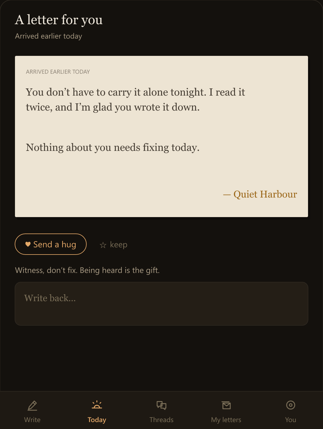 A letter received in Wren, shown on cream paper in serif ink, signed by a stranger, with options to send a hug or write back.