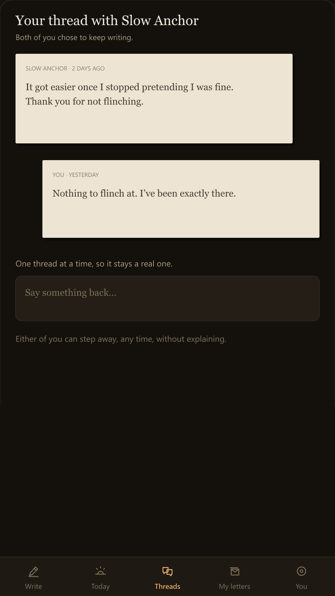 A Wren thread: two messages on cream paper between you and a stranger called Slow Anchor, with a box to say something back.