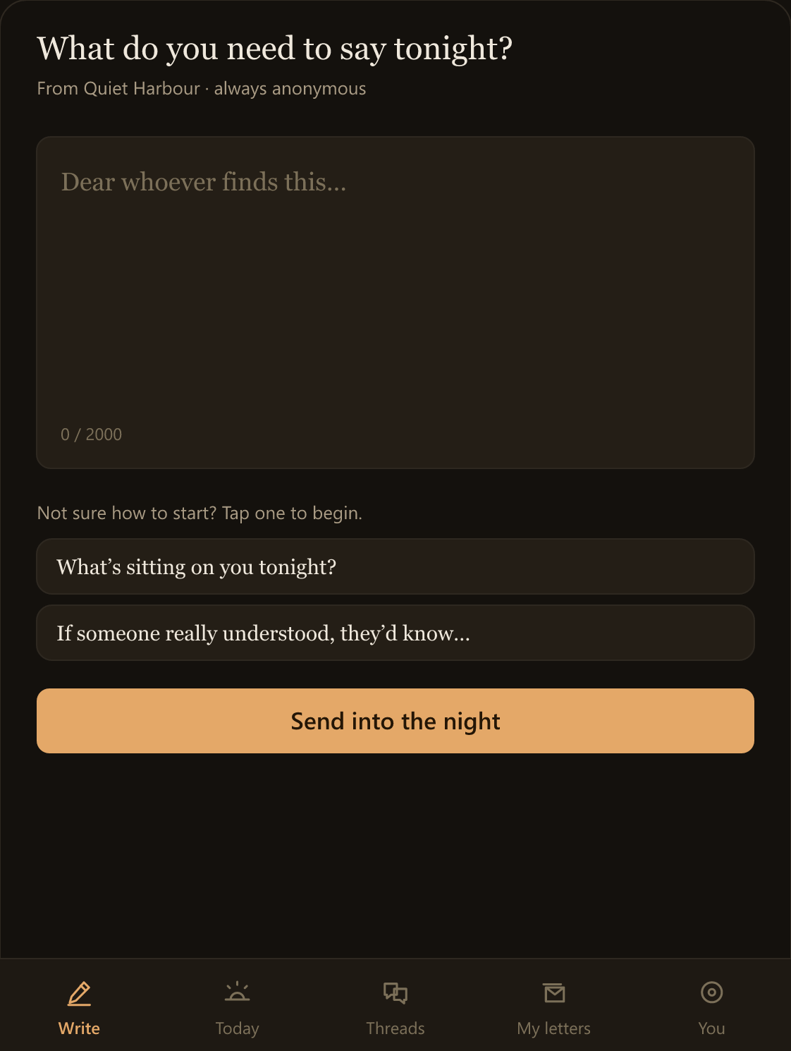 Wren's writing screen: an empty letter beginning “Dear whoever finds this…”, with a few gentle prompts underneath and a Send into the night button.