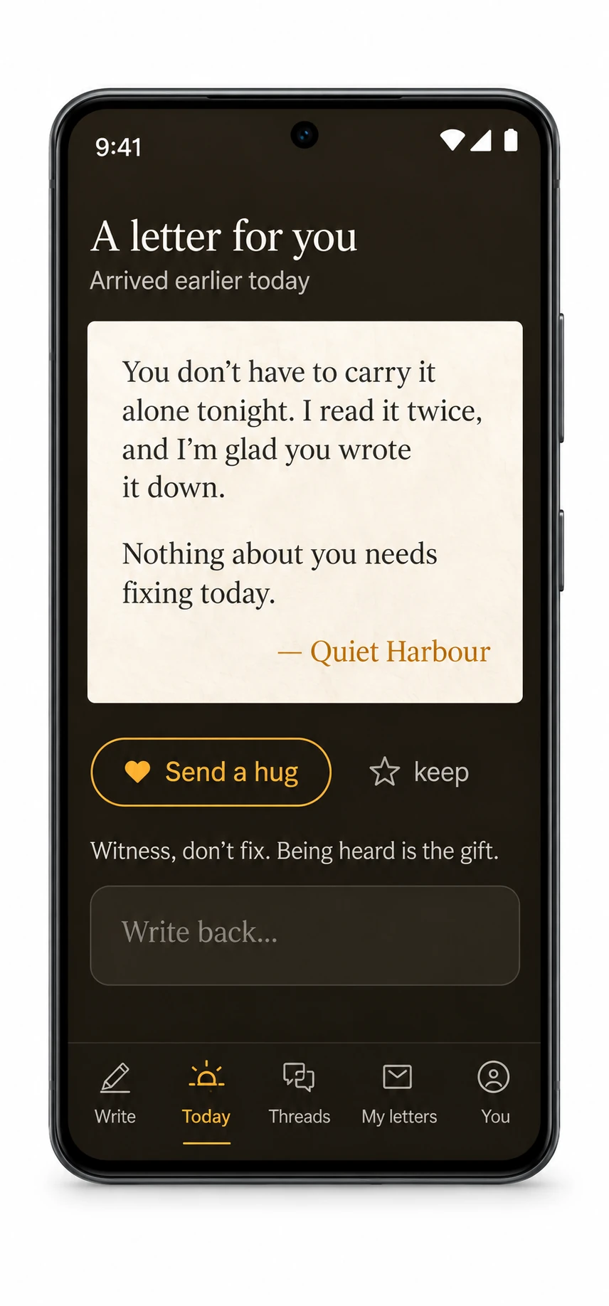 Wren on an Android phone. A letter for you, signed Quiet Harbour, with options to send a hug, keep the reply, or write back.